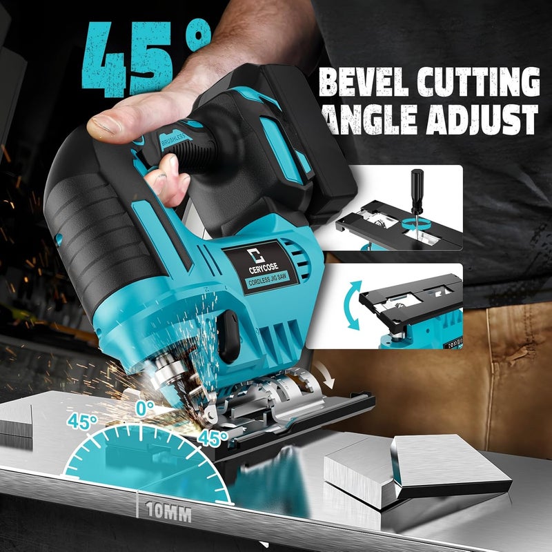 Cerycose Jigsaw Compatible With Makita 18V, Cordless jig saw tool Brushless Motor, 0°- 45° Bevel Cuts, LED Light with 3 Position Orbital Setting for Straight/Curve/Bevel/Circle Cutting (NO Battery) - Image 4